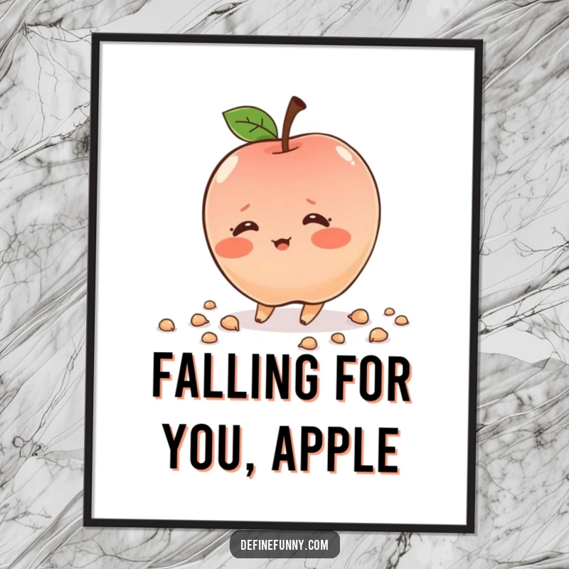 Funny Free Printable Wall Art: Shy, blushing apple character tripping and scattering seeds. Whimsical and humorous printable decor.
