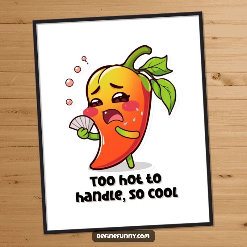 Funny Free Printable Wall Art: A surprised chili pepper character sweating profusely and fanning itself, radiating intense heat and humor.