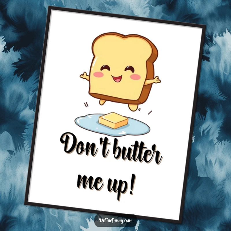 Funny Free Printable Wall Art: A smiling toast character humorously attempting to jump over butter.