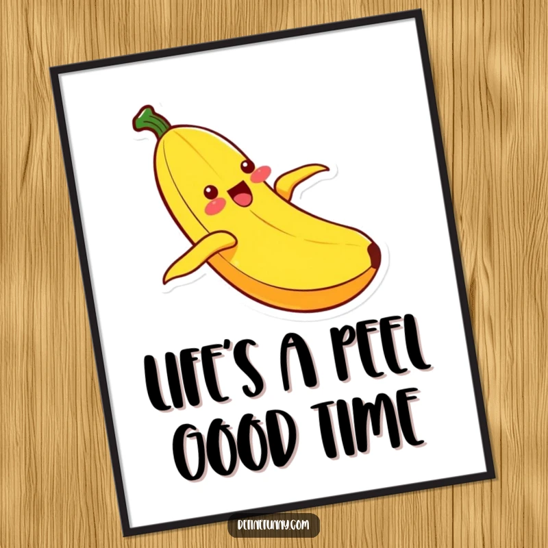 Funny Free Printable Kawaii banana character sliding down its peel with pure glee, vibrant and uplifting wall art.