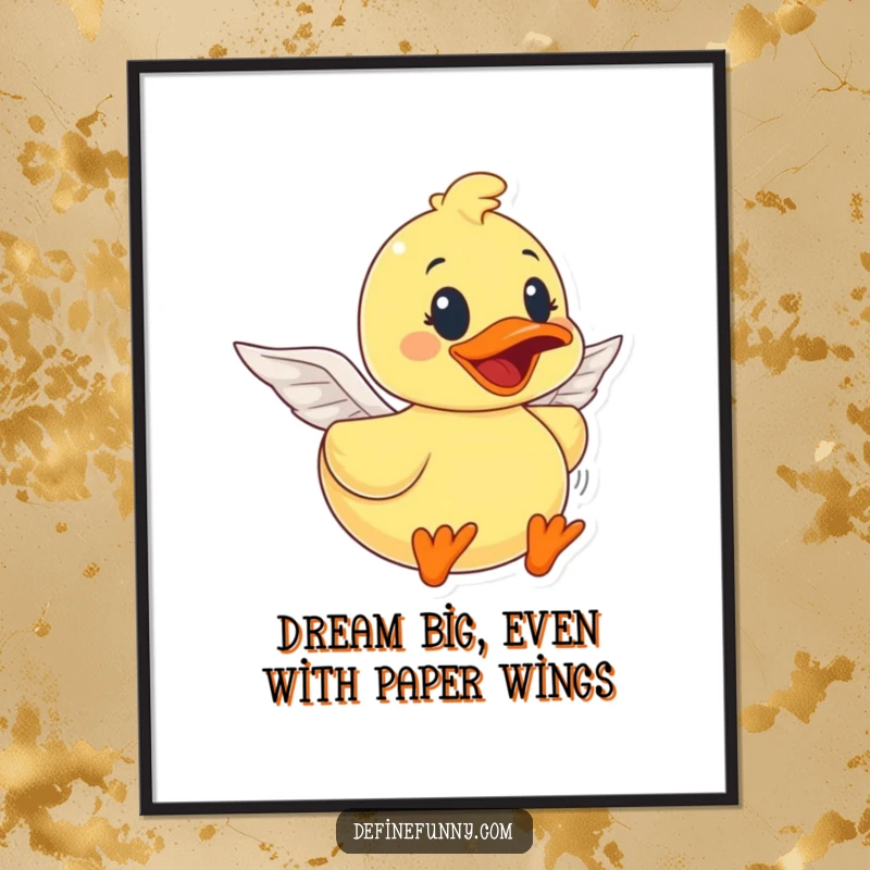 Funny Free Printable Wall Art: A determined rubber duck character with small paper wings tries humorously to fly.