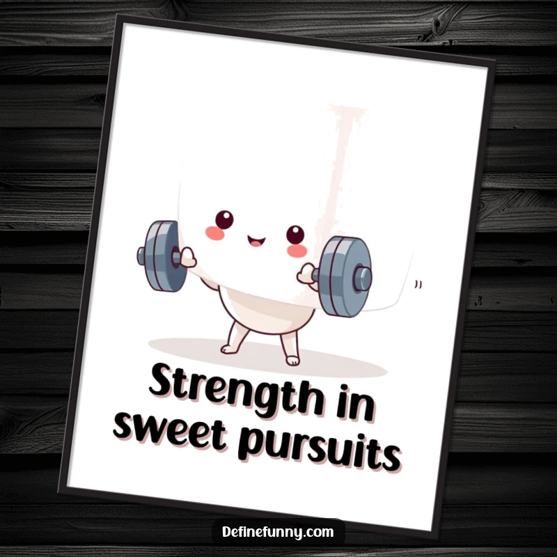 Funny Free Printable Wall Art: Kawaii dumbbell character attempting to lift a massive marshmallow, humorous and quirky decor.