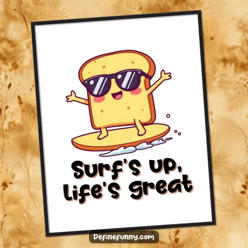 Funny Free Printable Wall Art: A Kawaii toast character wearing sunglasses surfs a giant crumb with style.