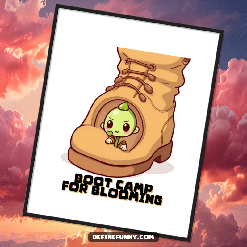 Funny free printable wall art: A determined little sprout bravely pushes through a giant, comical boot, a humorous scene.