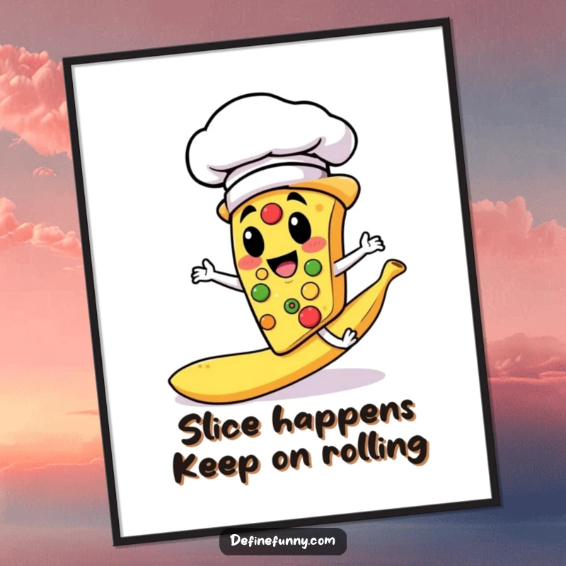 Funny Free Printable Wall Art: Pizza chef in chef hat comically slips on a rogue banana peel in the kitchen.