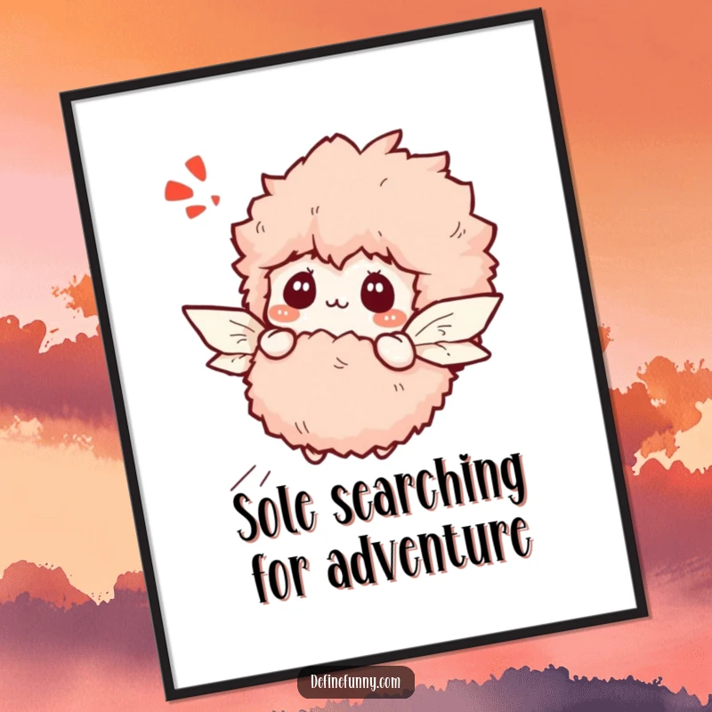 Funny free printable wall art: a bewildered fluffy slipper attempting flight with tiny paper wings, whimsical and dreamy decor.