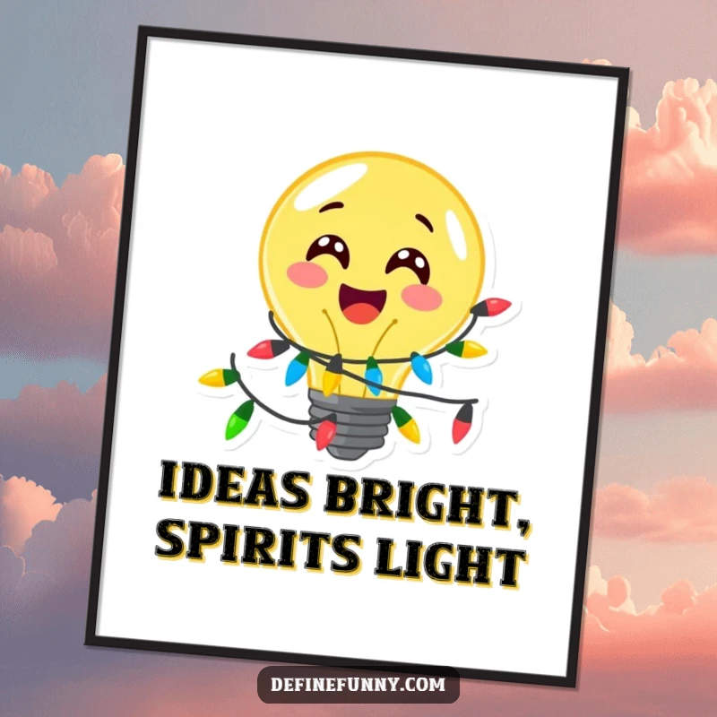 Funny Free Printable Wall Art: A delighted lightbulb character wrapped in festive lights shines brightly.