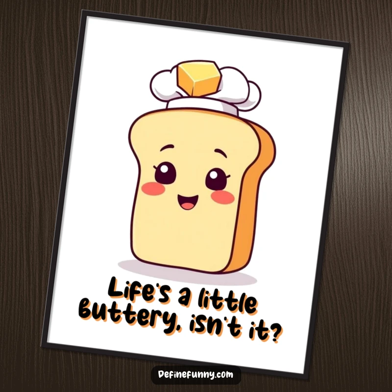 Funny Free Printable Wall Art: A chef bread loaf character wearing a tiny hat, comically slipping on a pat of butter.