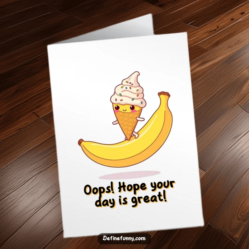 Funny Free Printable Birthday Card: Ice cream cone slips on banana peel, sprinkles flying, messy disaster.