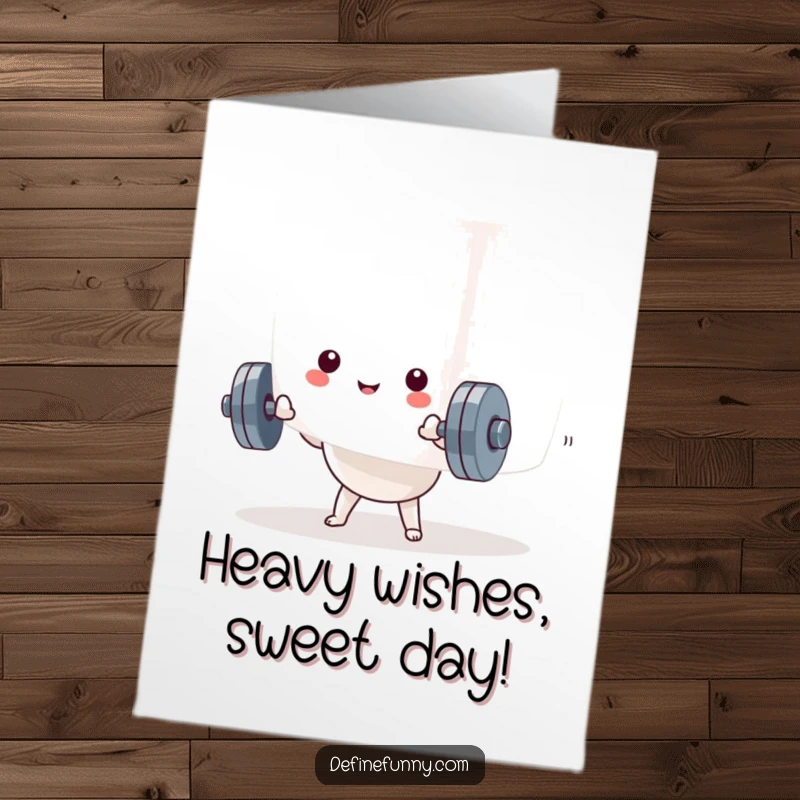 Funny Free Printable Birthday Card: Kawaii dumbbell character struggling with a giant marshmallow, a humorous birthday wish.