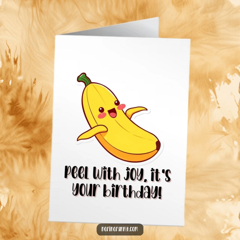 Funny Free Printable Kawaii banana character blissfully sliding down its own peel on a birthday card, pure exhilaration.