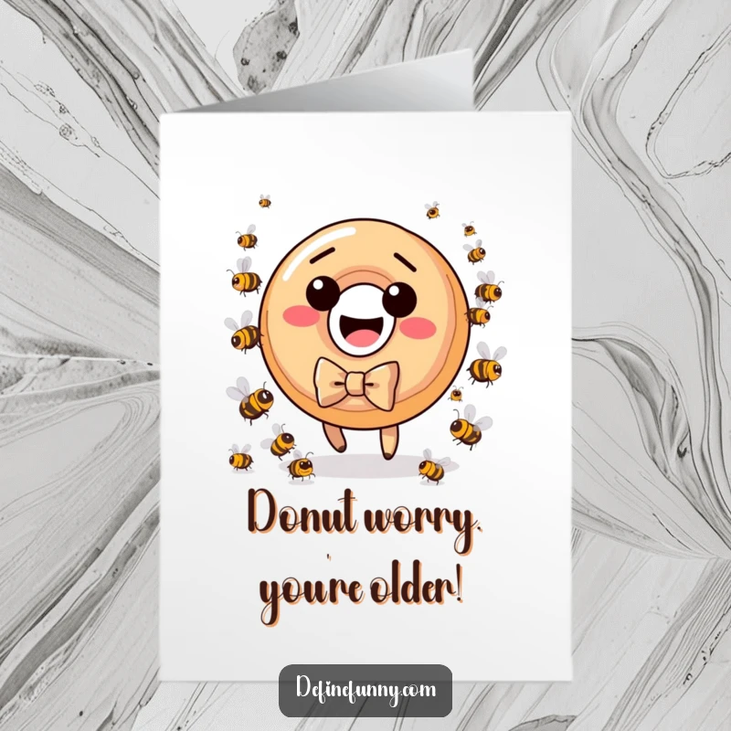 Funny free printable birthday card featuring a cheerful donut in a big bow tie fleeing angry bees, perfect for a laugh.