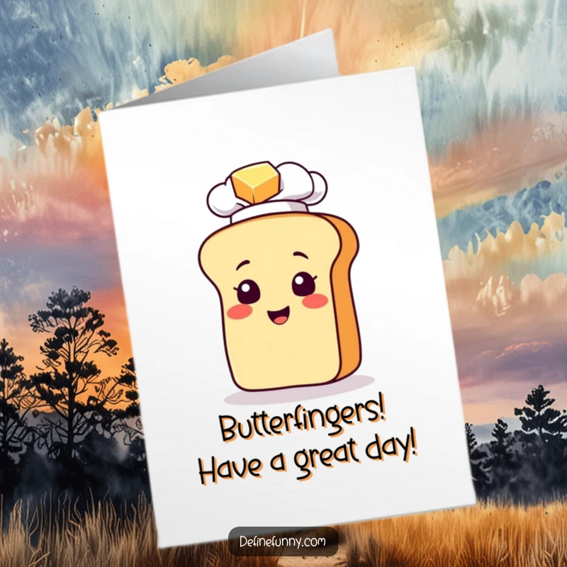 Funny Free Printable Birthday Card: Smiling chef bread loaf slipping on butter, wearing a chef hat, ready for a laugh.