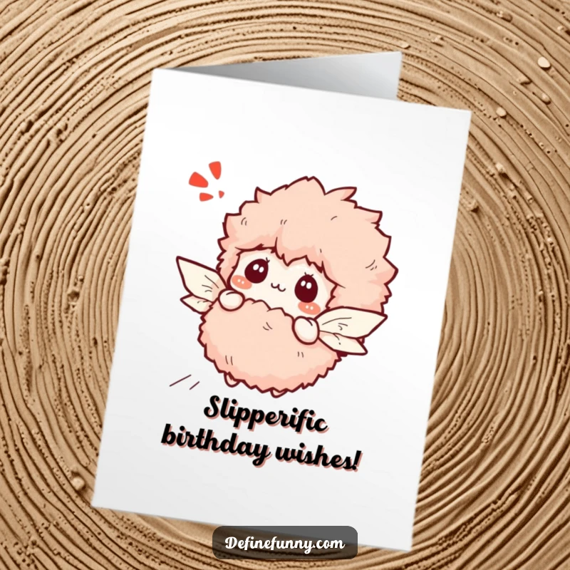 Funny free printable birthday card: a bewildered fluffy slipper trying to fly with tiny paper wings, a silly dream.