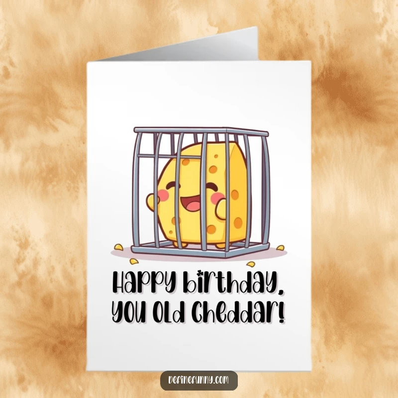 Funny Free Printable Birthday Card: Kawaii cheese character joyfully escapes a small cage, celebrating freedom.