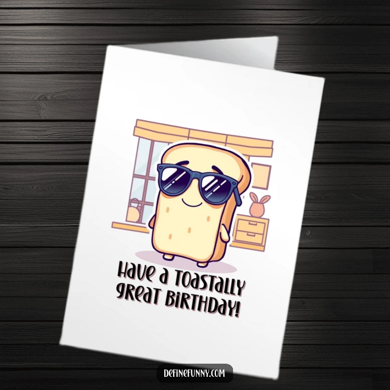 Funny Free Printable Birthday Card: A grinning bread loaf character wearing sunglasses indoors, looking exceptionally cool and ready to party.