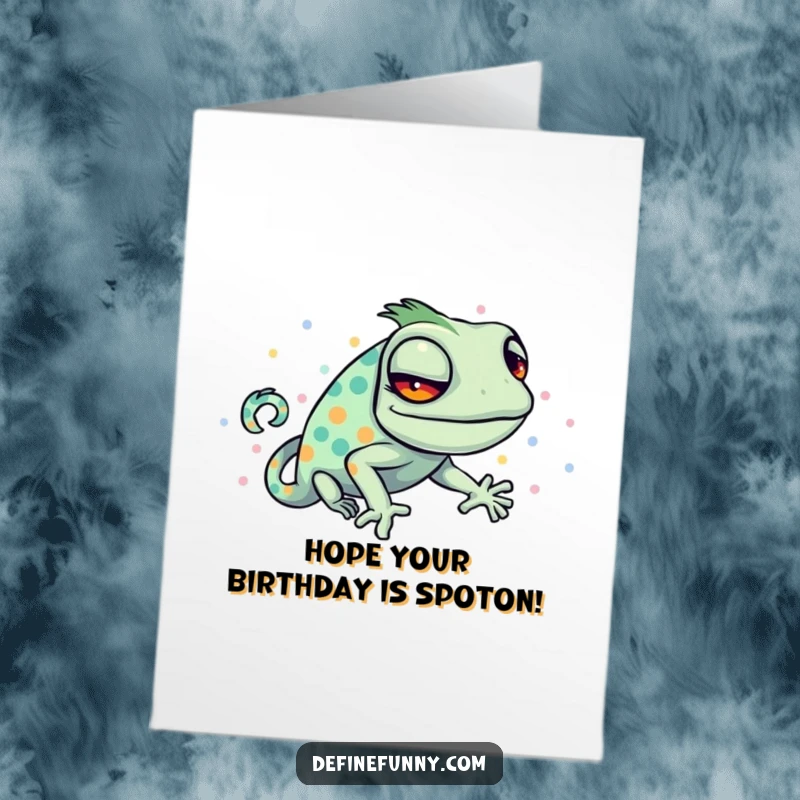 Funny free printable birthday card: A sly chameleon awkwardly tries to blend into a bright polka-dotted pattern.