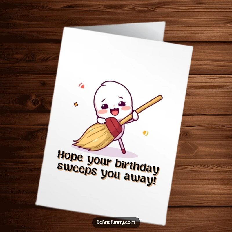 Funny Free Printable Birthday Card: A broom character comically trips over its own bristles, looking surprised.