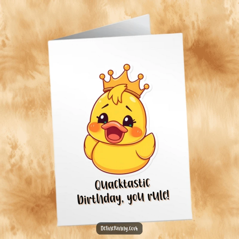 Funny Free Printable Birthday Card: A crowned rubber ducky looks shocked, perfect for a humorous birthday wish.