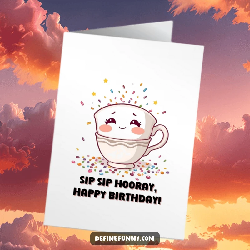 Funny Free Printable Birthday Card: Shy teacup character with rosy cheeks hides from raining confetti.