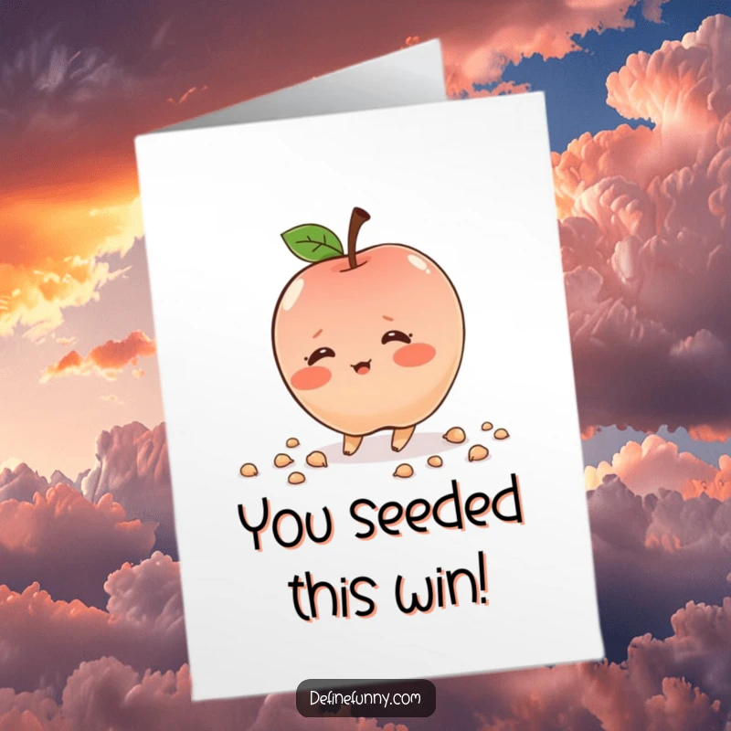 Free Printable Congratulations Card: Shy, blushing apple character tripping and scattering seeds, celebrating success with a cute stumble.