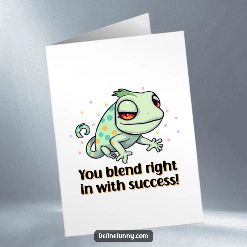 Funny free printable congratulations card: A sly chameleon hilariously fails to camouflage with a vibrant polka-dotted background.