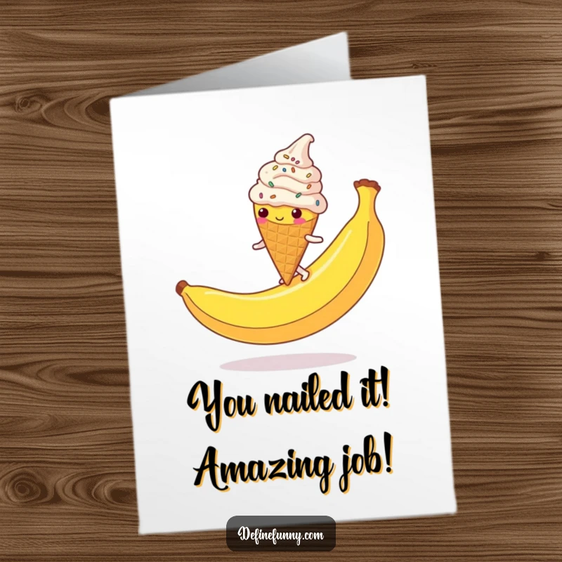 Funny Free Printable Congratulations Card: Ice cream cone slips dramatically on a banana peel, sprinkles everywhere.