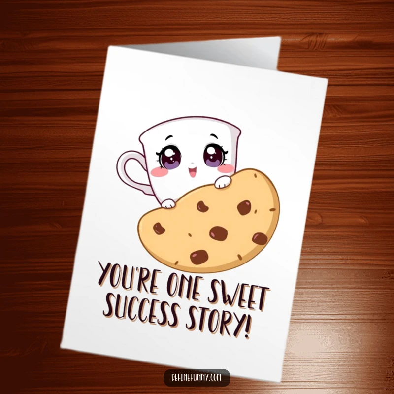 Funny Free Printable Congratulations Card: A teacup with wide eyes peeking at a massive cookie, expressing pure surprise and delight.