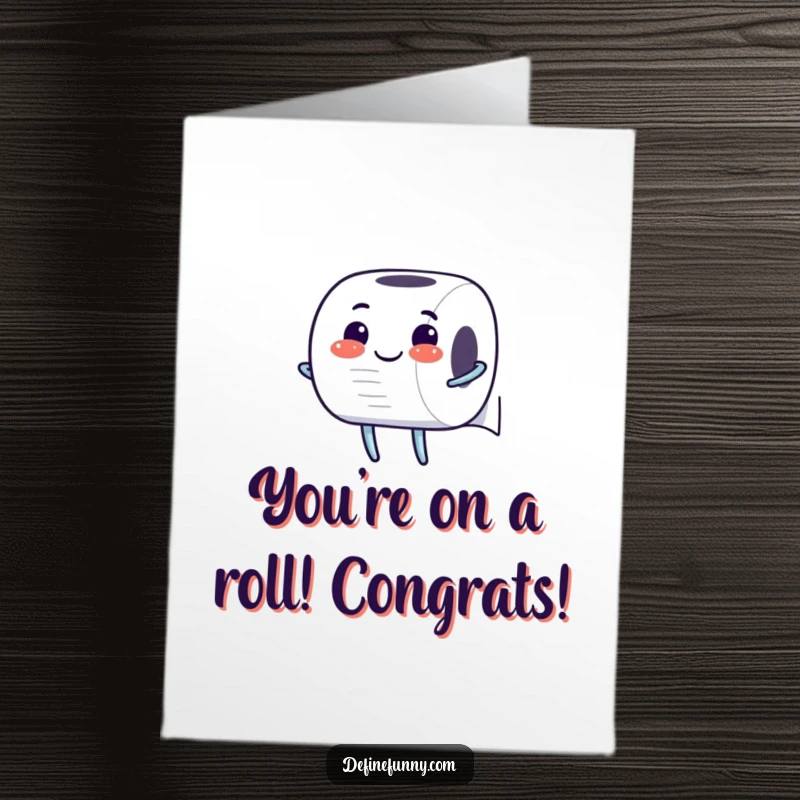 Funny Free Printable Congratulations Card: A toilet paper roll character joyfully unrolls to celebrate a big win.