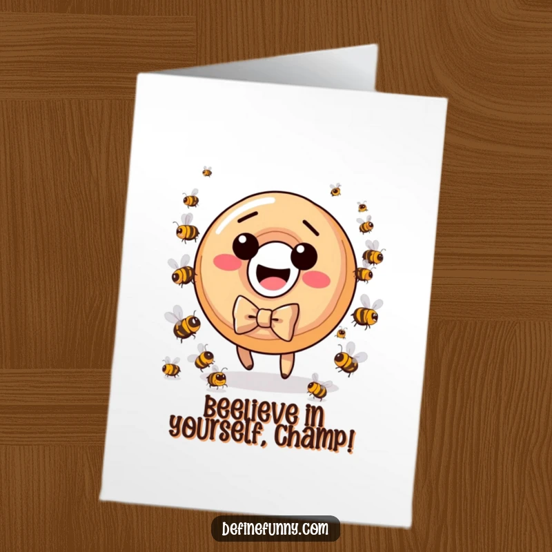 Funny free printable congratulations card showing a donut in a bow tie chased by bees, a humorous way to celebrate.