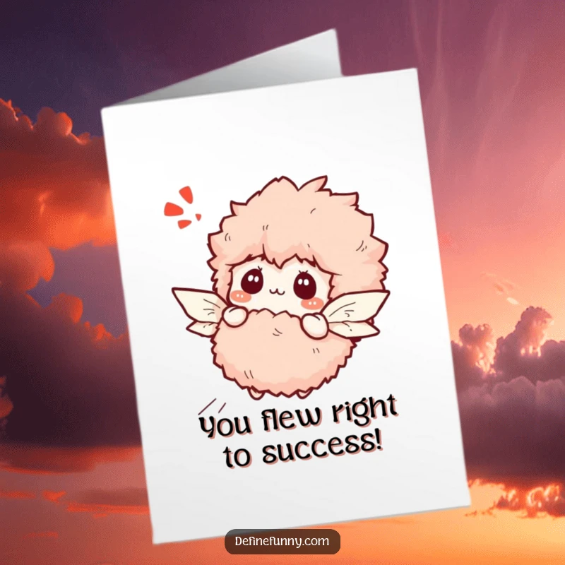 Funny free printable congratulations card: a bewildered slipper attempting flight with small paper wings, a humorous success.