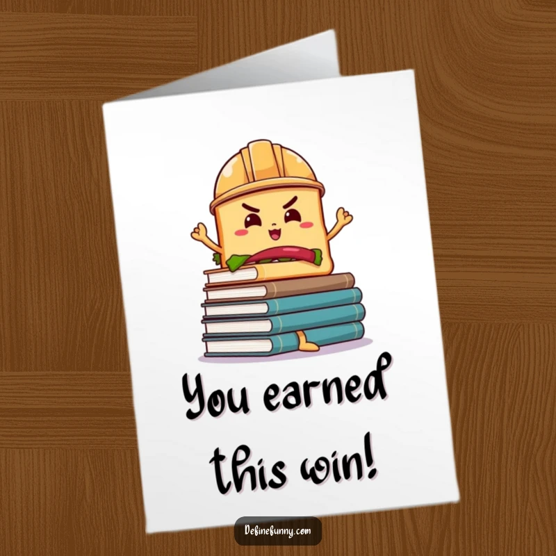 Funny Free Printable Congratulations Card: Sandwich wearing a hard hat precariously balances a stack of books.