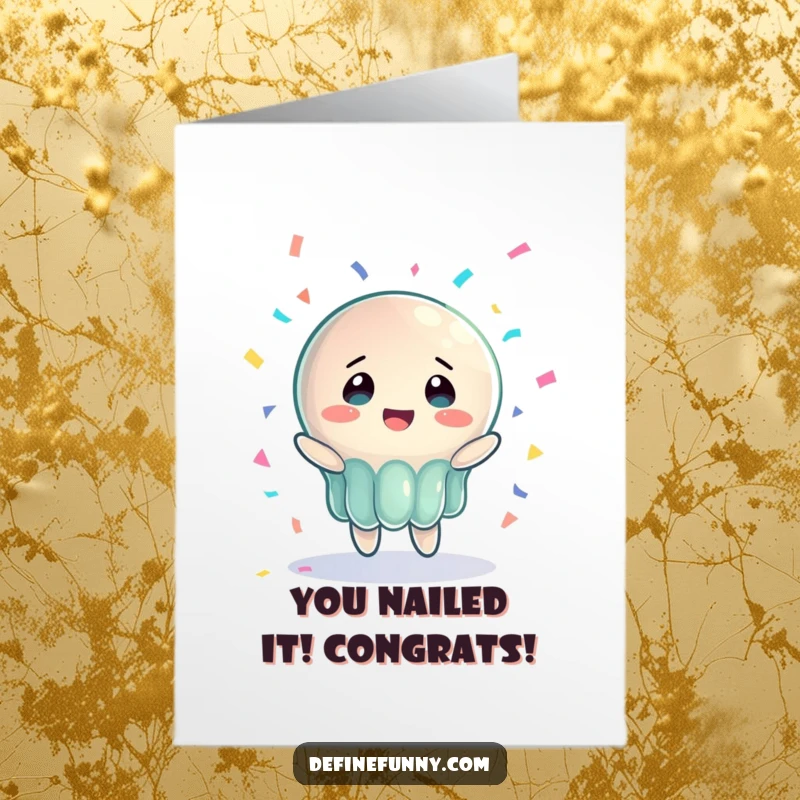 Funny Free Printable Congrats Card: Jelly character with bewildered joy trying to catch a falling piano.