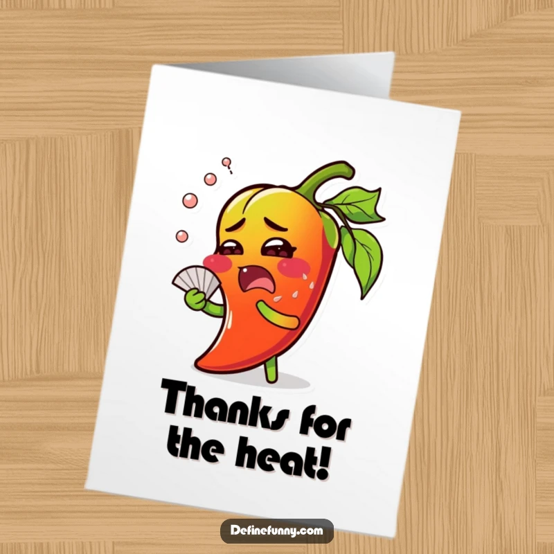 Funny Free Printable Thank You Card: A chili pepper character sweating profusely and fanning itself, conveying heartfelt but hot thanks.