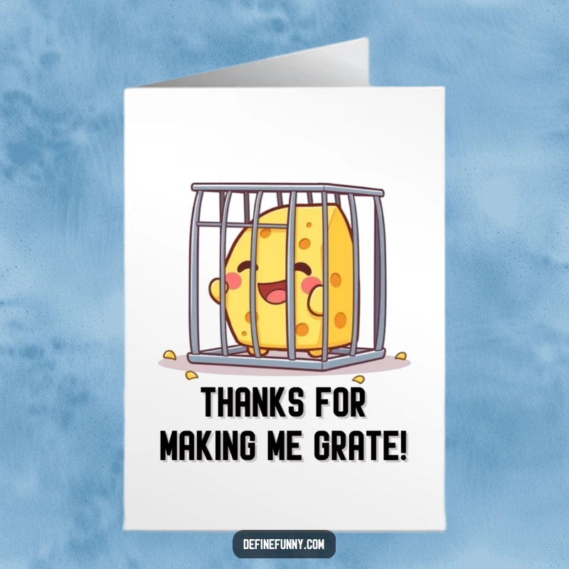 Funny Free Printable Thank You Card: A Kawaii cheese character makes a joyful escape from a small, confining cage.
