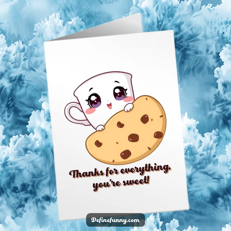 Funny Free Printable Thank You Card: A teacup character showing surprise while looking at an enormous cookie, a funny way to say thanks.