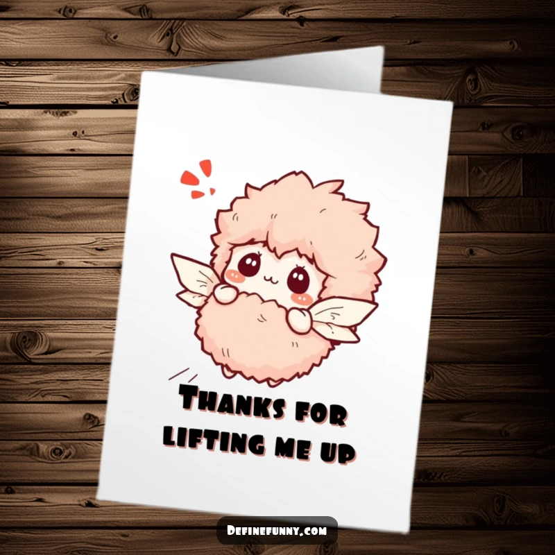 Funny free printable thank you card: a bewildered fluffy slipper trying to fly with tiny paper wings, a cute thanks.