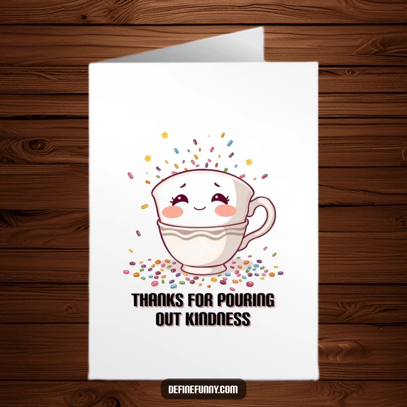 Funny Free Printable Thank You Card: Shy teacup character with rosy cheeks looks for a place to hide from falling confetti.