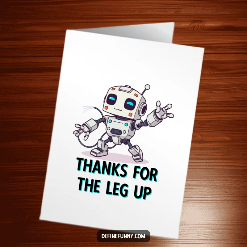 Funny Free Printable Thank You Card featuring a clumsy robot caught mid-trip over its own wires.