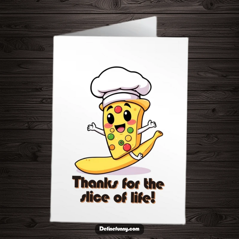 Funny Free Printable Thank You Card: Cheerful pizza chef in chef hat slips on banana peel, comical gratitude.