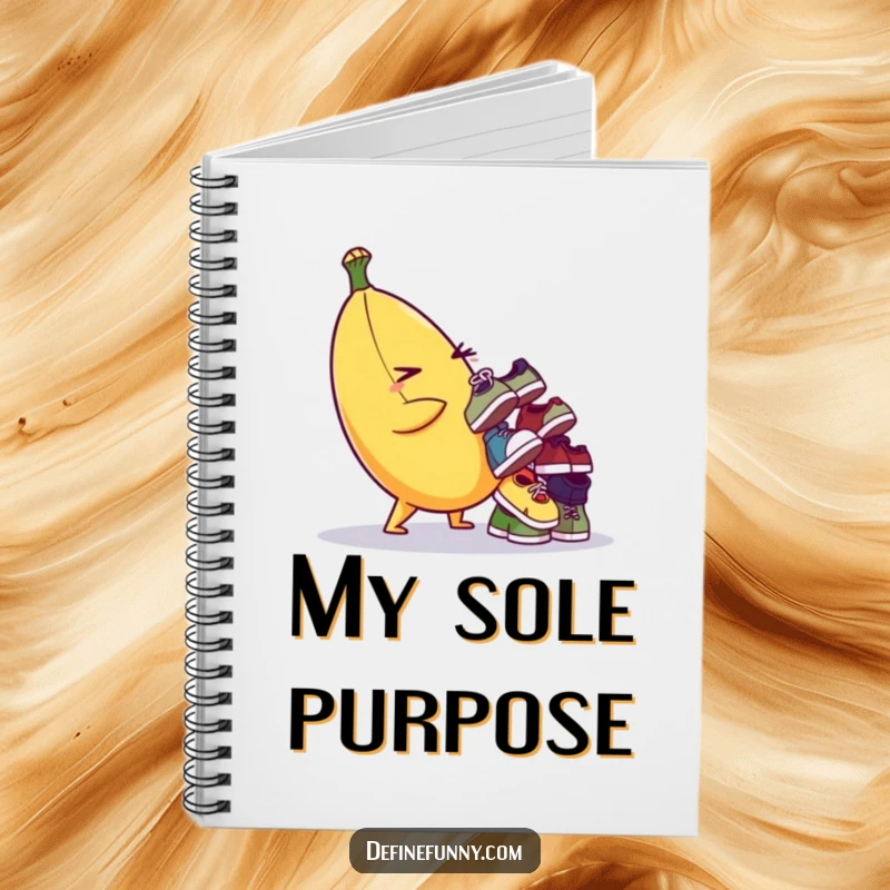 Funny notebook cover with a mischievous banana character balancing a stack of tiny, mismatched shoes. Ideal for jotting notes.