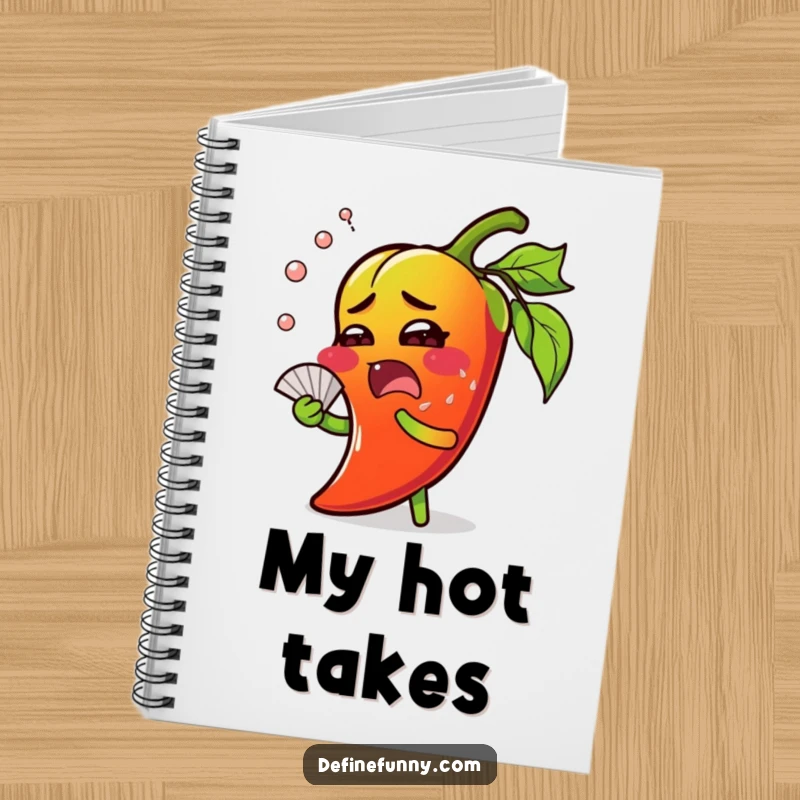 Funny chili pepper notebook, surprised expression, sweating and fanning itself, great for journaling spicy thoughts.