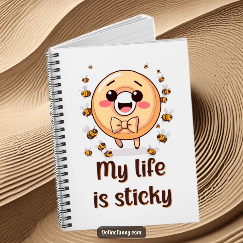 Funny donut character with bow tie, pursued by angry bees, featured on a spiral notebook cover.