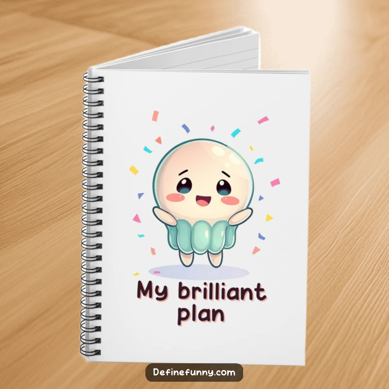 Funny notebook with a jelly character in bewildered joy, hilariously trying to catch a falling piano, a perfect humorous writing gift.