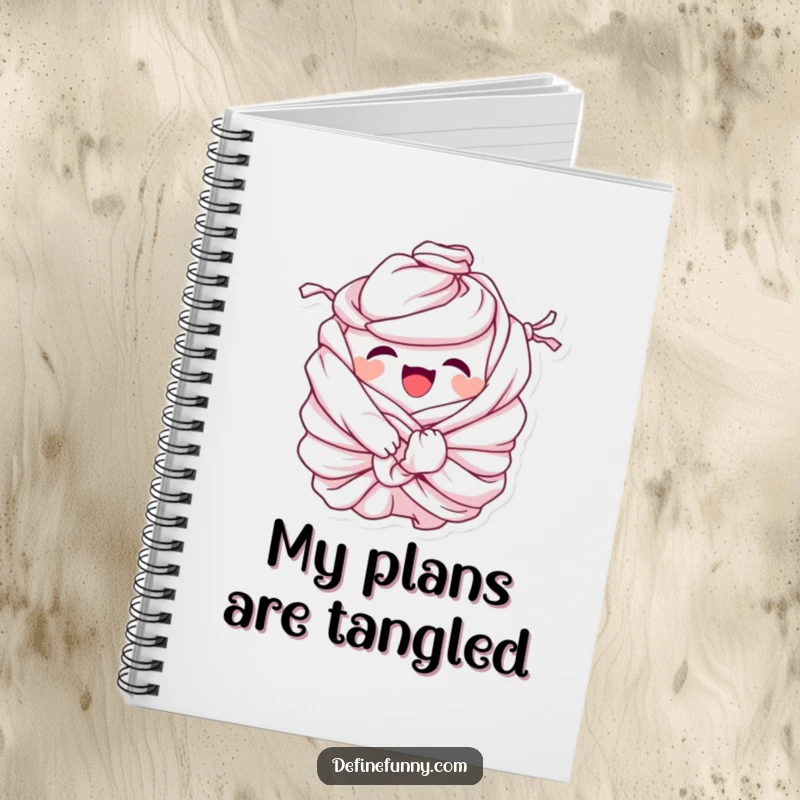 Funny Notebook: Giggling pile of laundry character comically tied in knots, inspiring humorous note-taking and organizational efforts for life's messes.