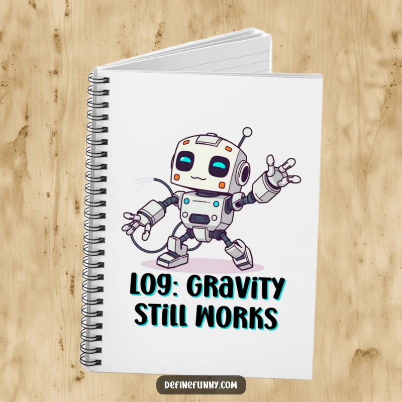 Funny notebook cover with a robot tripping over its own wires, arms flailing, ideal for capturing amusing notes and ideas.