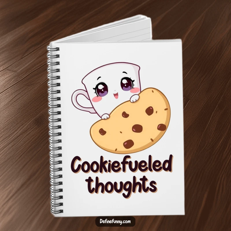 Funny notebook with a teacup character peeking surprised over a giant cookie, ideal for capturing sweet thoughts with humor.