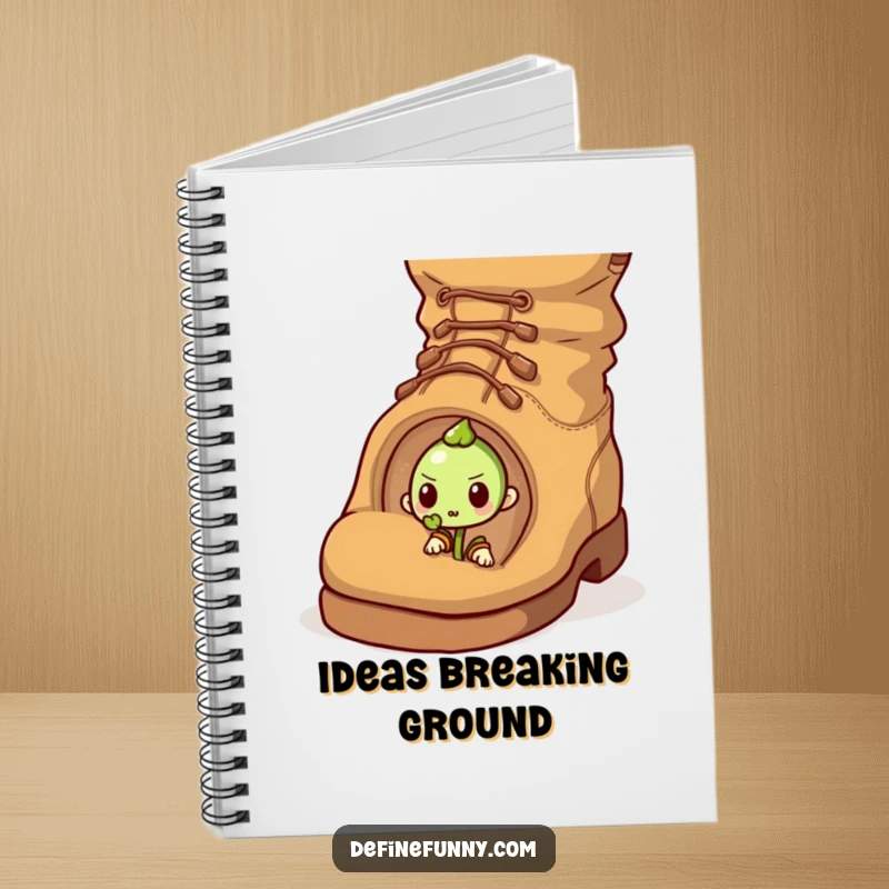 Funny notebook with a determined sprout pushing through a giant, comical boot, ideal for goal setting.