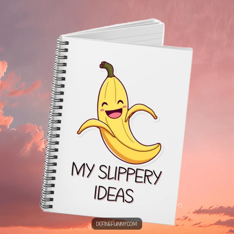 Funny Banana Peel Slip Notebook: Lined journal with a grinning banana peel slipping with exaggerated flair, perfect for funny notes and creative scribbles.