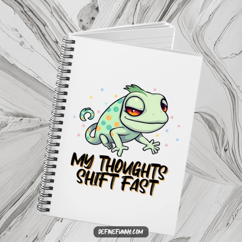 Funny notebook with a sly chameleon trying to blend with a bright, polka-dotted pattern, ideal for note-taking.